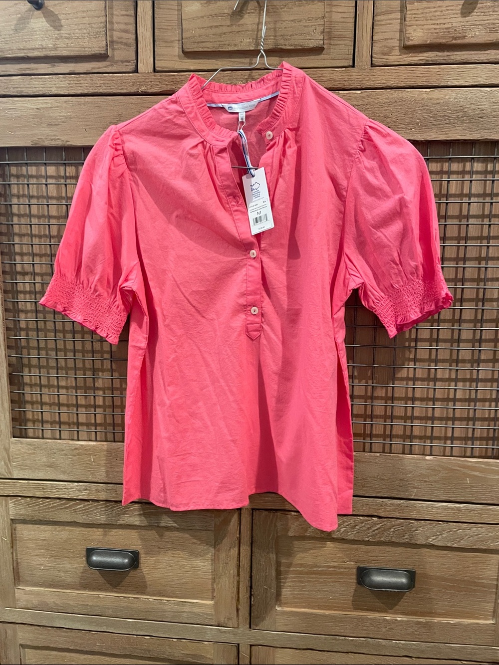 Southern Tide Women's Coral Pink Button-Front Puff Sleeve Top